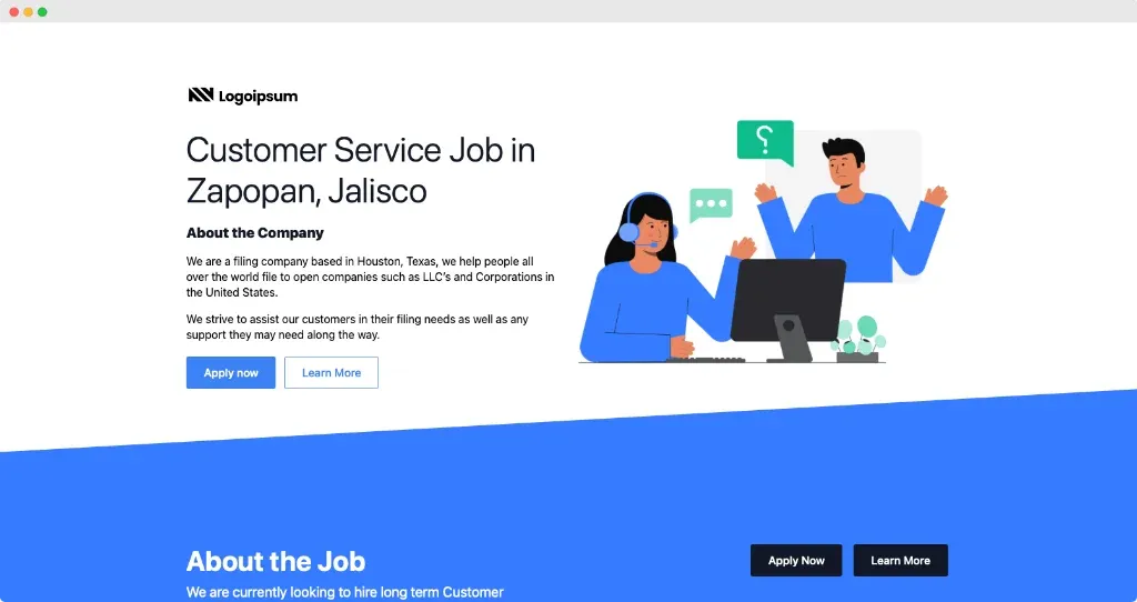 Job Landing page for Customer Service